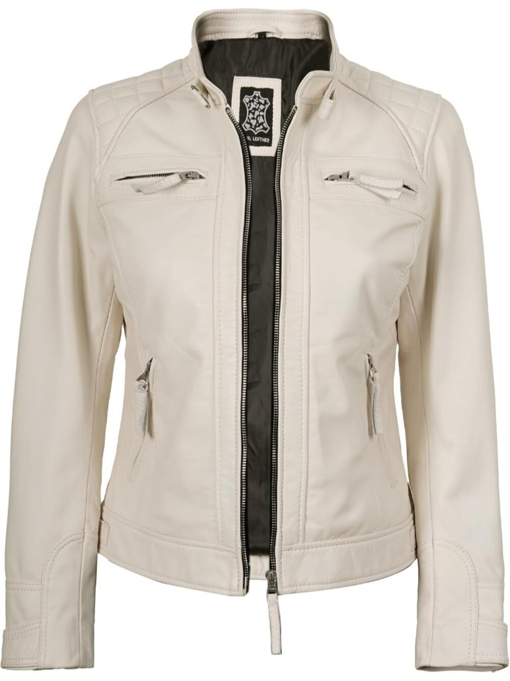 Womenโs Off White Leather Cafe Racer Motorcycle Biker Jacket